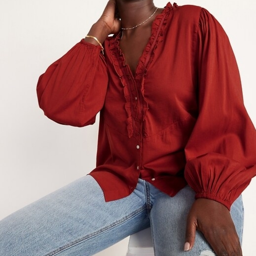 Old Navy Rust Ruffle V-Neck Balloon Sleeve Blouse – Size M - Picture 1 of 6